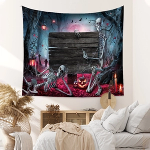 Detail of Halloween tapestry with skeletons and pumpkins on a modern bedroom wall