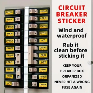 Detailed view of yellow waterproof circuit breaker labels on a fuse box panel