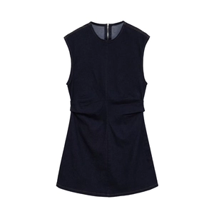 Sleeveless Denim Mini Dress Round Neck Back Zipper Pleated Waist Slim Fit Casual Elegant Fashion For Women Indigo Blue