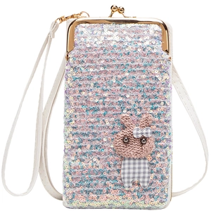 Rainbow sequin mini crossbody phone bag with a cute knitted bunny patch on white background