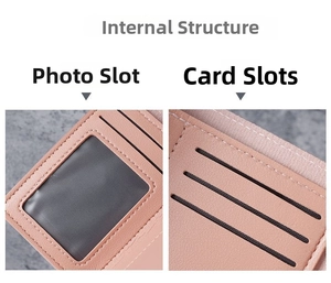 Detail view of pink wallet interior featuring photo window and multiple card slots