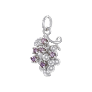 Detailed close-up of a silver grape pendant with purple gemstones and white pearls