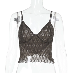 Close-up of brown lace V-neck camisole featuring slim fit and irregular hem detail