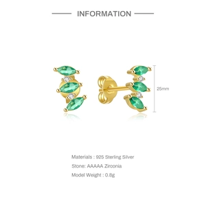 Macro detail of S925 sterling silver earrings with green marquise zirconia and dimensions