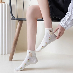 White cotton quarter socks for women featuring cute bear and pink flower embroidery