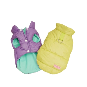 Quilted pet winter vests in purple and green with reinforced D-rings and snap buttons