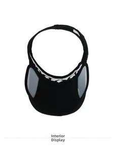 Interior detail of black sun visor hat featuring sweatband and adjustable back strap