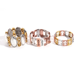Three-piece elastic geometric bracelets with hollow crosses and engraved inspire charms