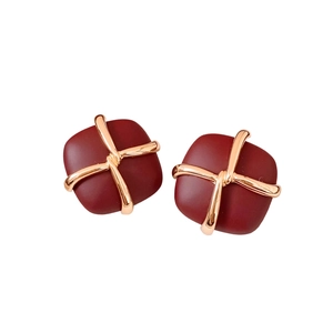 French vintage square cross stud earrings in matte burgundy and gold finish