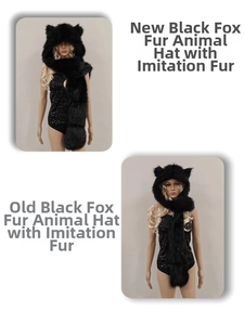 Close-up of black faux fur fox hat set showing comparison between old and new styles