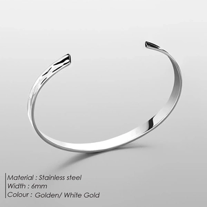 Detailed close-up of 6mm wide stainless steel minimalist C-shape open cuff bracelet