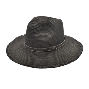 Classic black straw Fedora hat with leather band and vintage buckle on white background