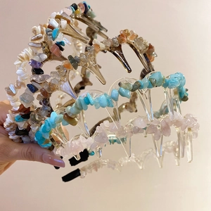 Detailed close-up of acrylic headbands featuring colorful irregular crushed stones