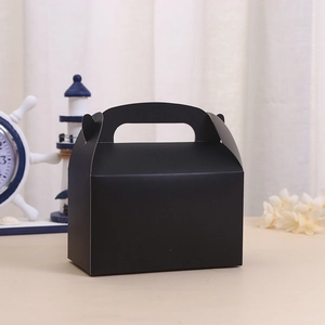 Matte black paper party favor gift box with handle for cakes and candies packaging