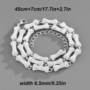 Hip hop style silver dog bone link necklace with rhinestones and size details