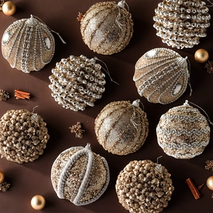 6pcs Champagne gold 8cm Christmas ball ornaments set with pearls and glitter on dark base