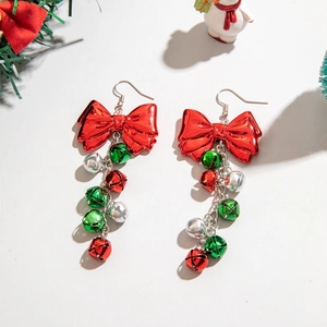 Christmas bow earrings with colorful jingle bells in red and green for festive style