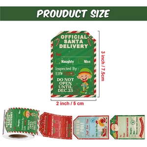 200-piece roll of Christmas gift labels featuring Santa delivery design with dimensions