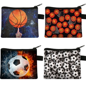 Sports Theme Coin Purse Polyester Portable Zipper Pouch With Hanging Loop For Kids Boys Students Basketball Football Patterns