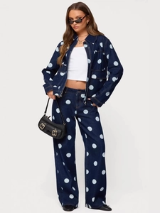 Polka Dot Jeans Women Casual Denim Wide Leg Pants High Waist Vintage Printed Straight Trousers