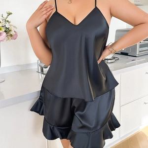 Damen Schlafanzug-Set aus schwarzem Satin mit V-Ausschnitt Top und Rüschen-Shorts