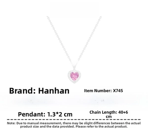 Detail view of pink heart pendant necklace with dimensions and stainless steel material