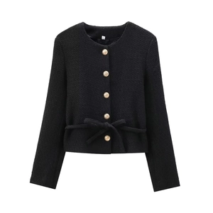 Tweed Jacket Women Black Slim Fit Gold Buttons Bow Belt Long Sleeve Woven Outerwear Elegant Style