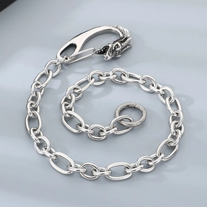Punk silver stainless steel wolf head wallet chain for men with chunky O-link curb style