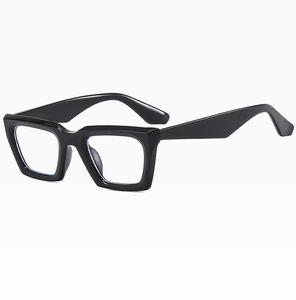 Detailed side view of stylish square black frame sunglasses with anti-blue light lenses