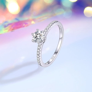 Classic S925 sterling silver six-prong moissanite ring with elegant side diamonds
