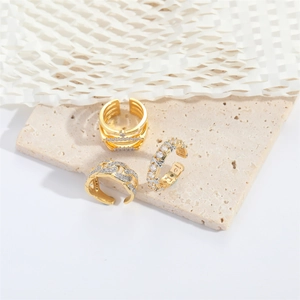 Three-piece gold plated adjustable rings with leaf and cuban chain crystal designs