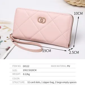 Detailed dimensions of the quilted PU long wallet showing 19cm length and internal structure