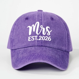 Purple washed cotton baseball cap with white Mrs EST. 2026 embroidery in vintage style