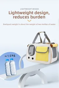 Lightweight breathable pet carrier bag shown balancing against water bottles for scale