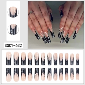 Long coffin fake nails with black and pink French design and shimmering rhinestones