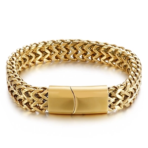 Bracciale da uomo in finitura dorata con catena a spina di pesce e chiusura magnetica