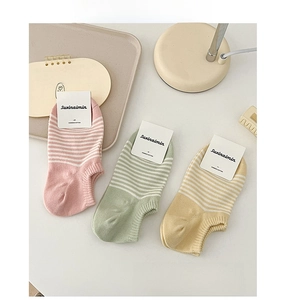 Detailed view of striped combed cotton low-cut socks in pink, green, and yellow colors