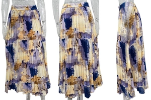 Three-way view of long pleated A-line skirt with colorful abstract oil painting print