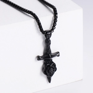 Gothic black stainless steel sword pendant necklace with rose detail on white block