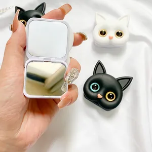 Supporto per telefono a forma di gatto 3D con specchio pieghevole portatile in bianco e nero