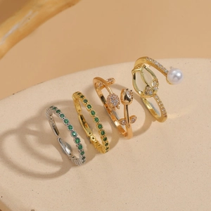Elegant Tulip Flower Open Ring Copper Zircon Artificial Pearl Adjustable Jewelry Minimalist Small Design Gold Tone Gift For Women