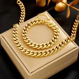 Stainless Steel 18K Gold Plated Necklace And Bracelet Jewelry Cuban Curb Snake Chain Hip Hop Punk Retro Women Men