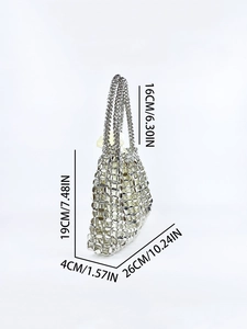 Detailed size specifications for the silver woven metal handbag with precise measurements
