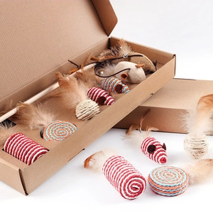 Detailed set of wooden cat teaser stick with feathers and woven mice cat toys