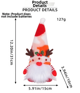 Detailed dimensions of a plush Christmas reindeer gnome with white beard and berries