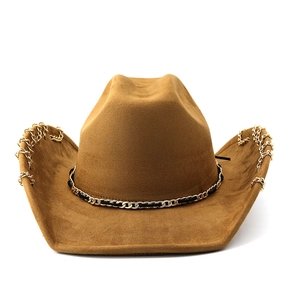 Classic camel faux suede western cowboy hat featuring golden chain accents and wide brim