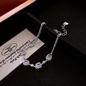 Bracciale Di Moda Con Zircone Quadrato Viola Per Donna Gioielli In Catena Di Rame Colore Argento Con Cuore Regolabile