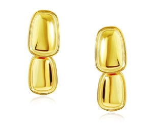Detail view of gold-plated square tag earrings with a polished double layered design