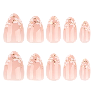 Faux ongles amande courts avec fleurs blanches et feuilles d'or sur base rose