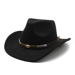 Detail of black felt cowboy hat featuring multi-colored woven band and shell buckle